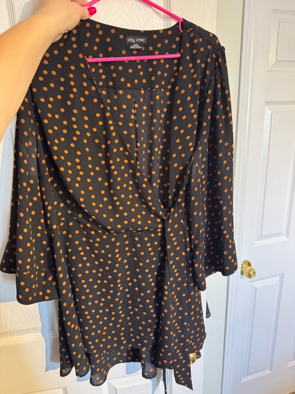 City Chic Black Wrap Dress Shirt/Blouse with Orange Polka Dot Print